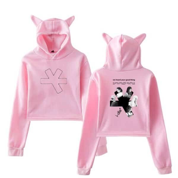 Comfy pink hoodie with cat ears and graphic print, perfect high-quality, affordable merch for casual streetwear.