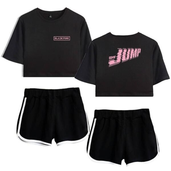 Black pink crop top and shorts set with trendy designs for casual wear.