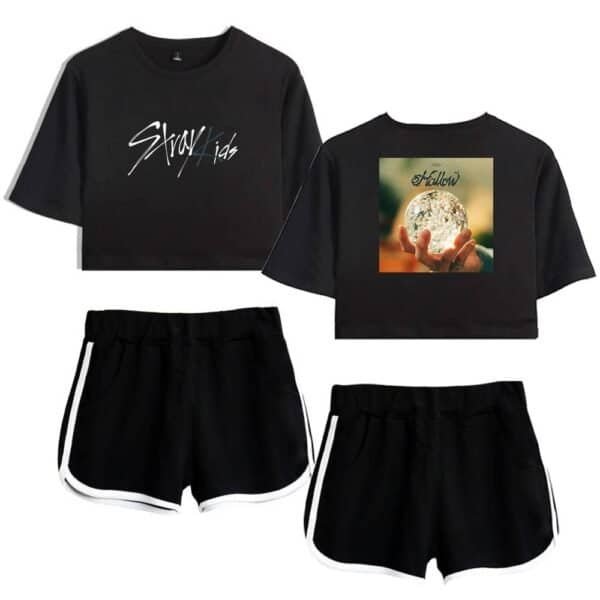 Solid black cropped t-shirts with unique graphic designs, paired with comfortable black athletic shorts with white trim, offering a stylish and affordable casual look.