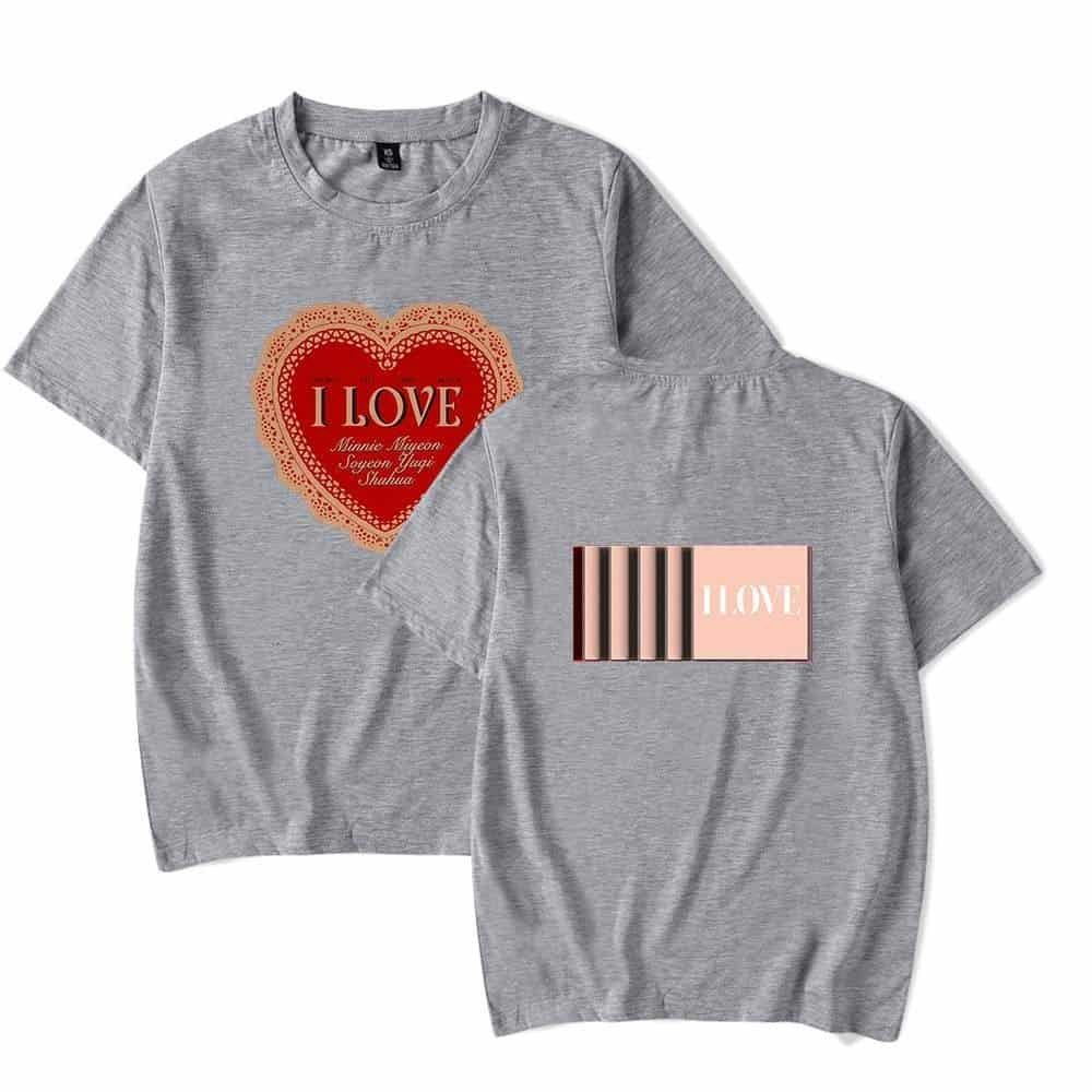 I Love Grey T-Shirt with Heart Graphic and Text, Cheap High-Quality Merch.