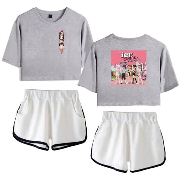 Ice cream girl graphic sweatshirt, casual white athletic shorts, trendy youthful summer outfit, affordable stylish merch, high-quality and budget-friendly streetwear.