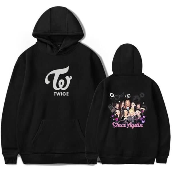 TWICE hoodie with logo front and animated group graphic back, perfect for fans seeking affordable high-quality merch. Great for casual wear and concert outings.
