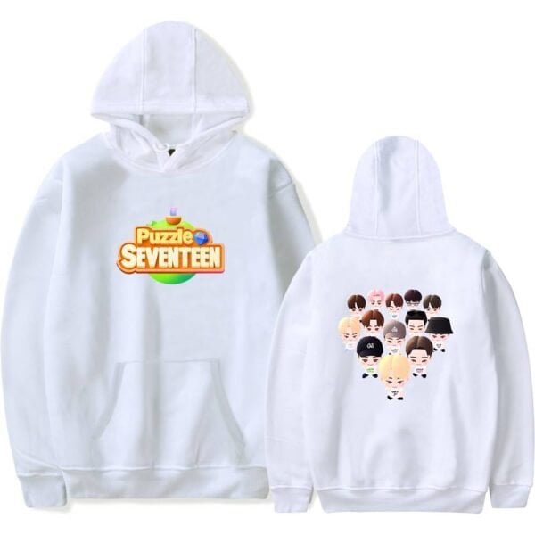 High-quality white hoodie featuring Puzzle Seventeen logo on the front and animated character faces on the back, perfect for fans seeking affordable, stylish merch.