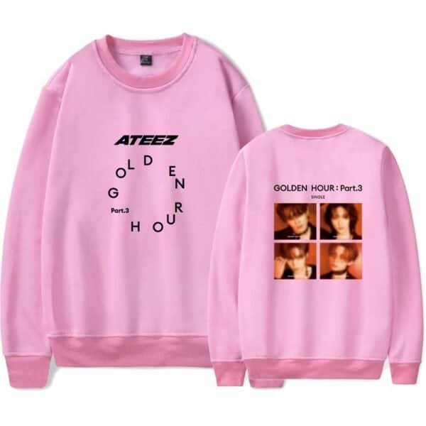 Ateez GOLDEN HOUR Part 3 pink sweatshirt with stylish design and high-quality fabric, perfect for fans. Affordable, trendy merch for every fan’s collection.