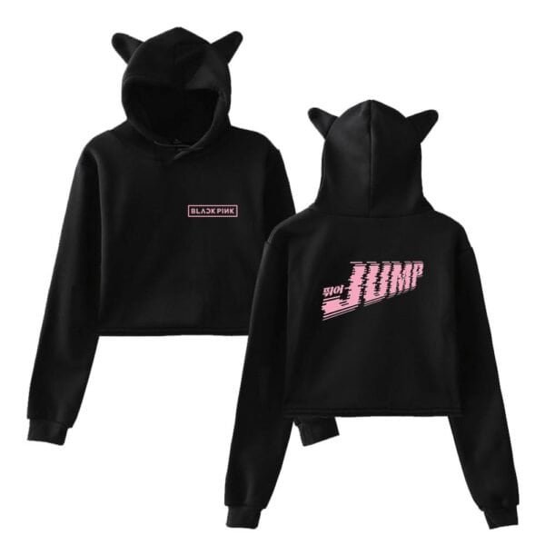 Black hoodie with cute cat ears, perfect for streetwear or casual wear, featuring trendy pink graphic designs on the front and back, made of soft, affordable high-quality fabric.