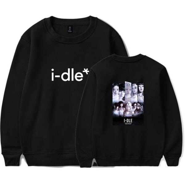 I-dle band sweatshirt, black crewneck sweatshirt with graphic design, trendy and affordable high-quality merchandise, perfect for K-pop fans and casual wear, featuring bold text and a group photo print.