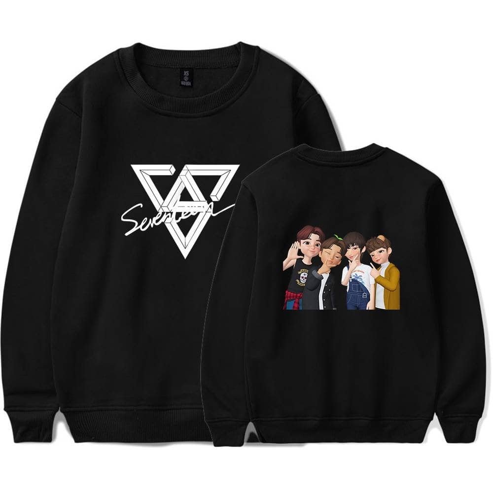 Cheap high quality merch sweatshirt with unique printed design and cartoon characters in black color.