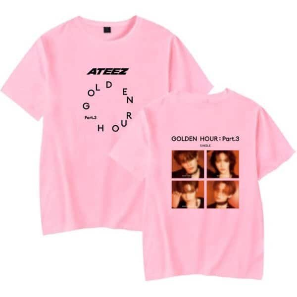 Cheap high quality merch pink graphic t-shirts with bold and small print designs featuring album covers and text for fans or casual wear.