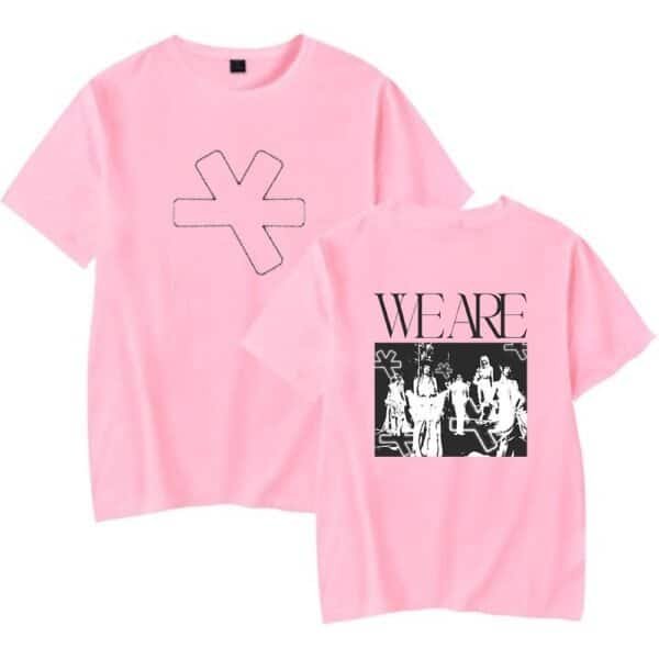 Cheap high quality merch pink graphic T-shirt with bold text and artistic design.