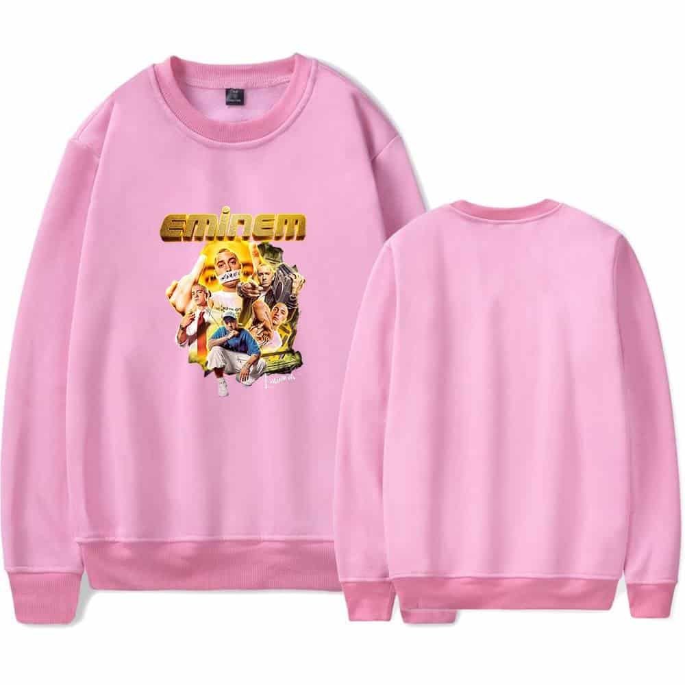 Emoji blend graphic of a popular rapper on a pink sweatshirt, suitable for affordable high-quality merchandise collection.