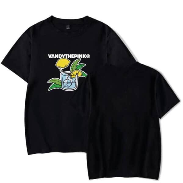 Vandythepink lemon drink graphic black t-shirt with cartoon style, high quality casual apparel, perfect for everyday wear or as affordable merch.