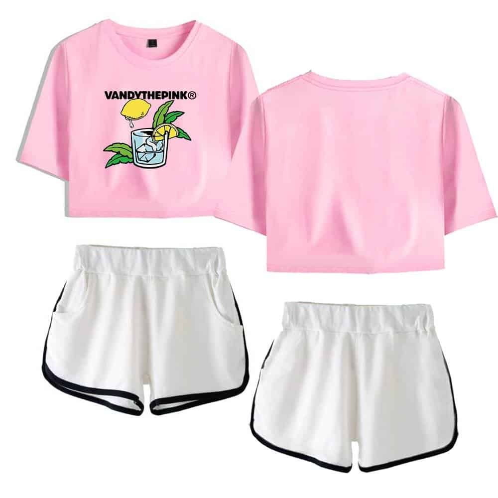 Vandythepink pink cropped t-shirt with lemon graphic and white athletic shorts with black trim, casual summer wear for comfortable, stylish, and affordable fashion.