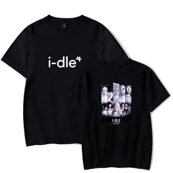 I-dle shirt with group photo and logo, cheap high quality merch for K-pop fans.