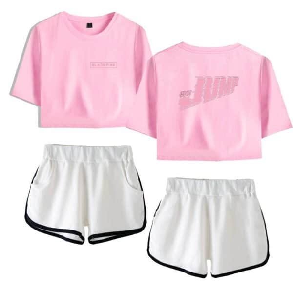 Blackpink pink cropped t-shirt and white stylish shorts, perfect for casual wear or concerts, offering good quality at an affordable price. Stylish, comfy, and affordable merchandise for fans and fashion lovers.