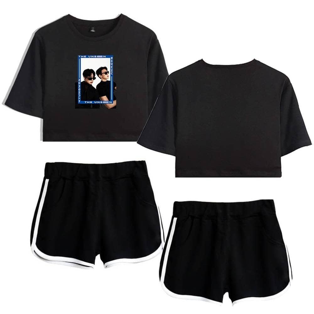Black crop top t-shirts with graphic prints and matching black shorts with white trim, casual and trendy high-quality merch.