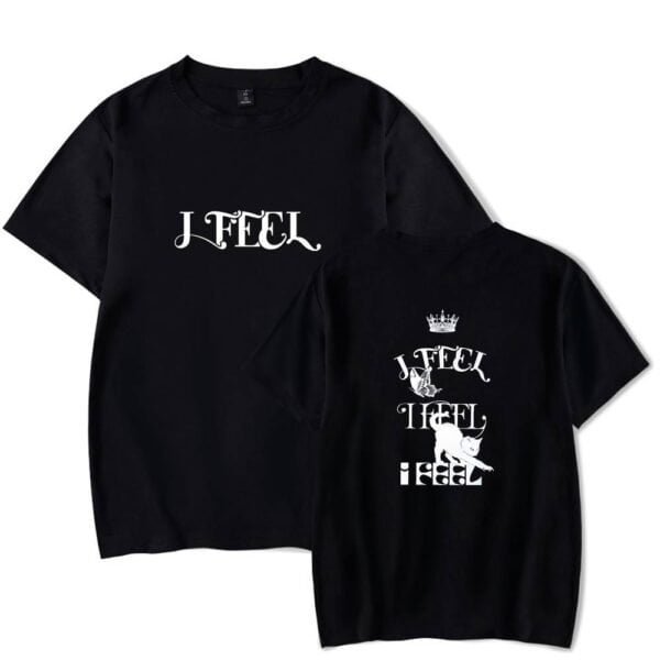 JFEEL black t-shirt with white graphic print featuring the words "J FEEL" along with a crown, butterfly, and cat illustrations.