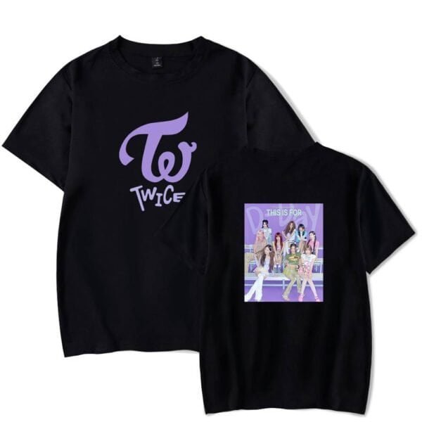 Twice merchandise, K-pop group, black t-shirts with purple logo and group photo, affordable and high-quality fashion, trendy concert apparel.