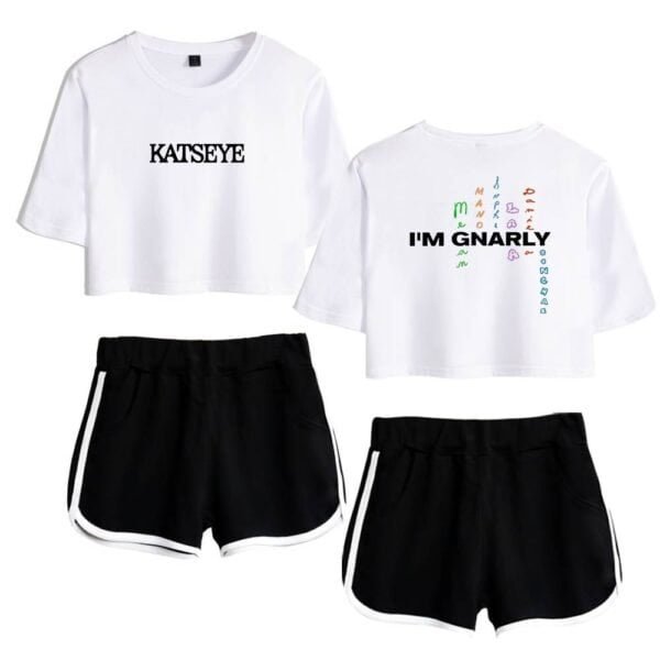 KATSEYE white cropped T-shirt and black shorts, affordable high-quality merchandise for a casual sporty look.