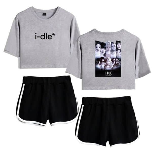 I-dle crop hoodie and graphic t-shirt with black athletic shorts set, affordable high-quality streetwear for fans.