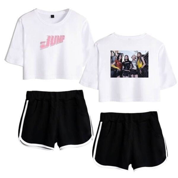 White cropped t-shirt with pink logo and graphic printed t-shirt featuring a group of women, paired with black athletic shorts with white trim, casual sporty style for cheap high quality merch.