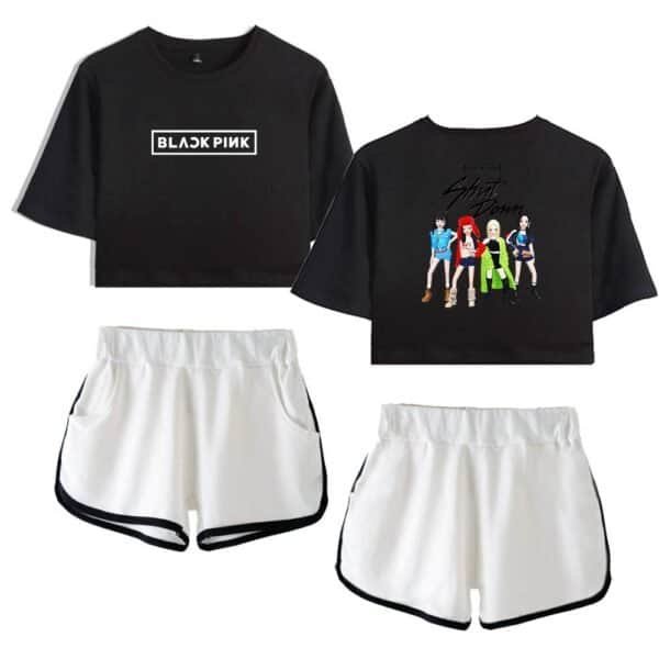 Black pink band t-shirt and white athletic shorts set, casual and trendy, affordable prices, high quality materials, perfect for fans and sports enthusiasts, comfortable fit and stylish design.