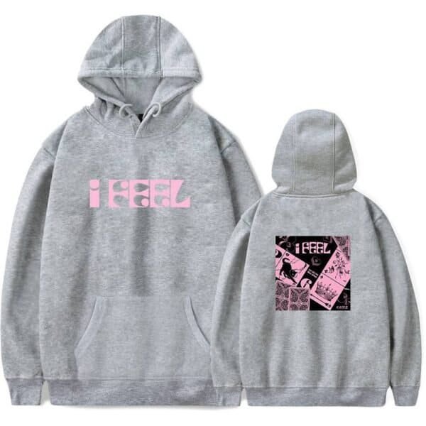 Comfy cheap high-quality grey hoodie with pink "I FEEL" text and artistic back print.