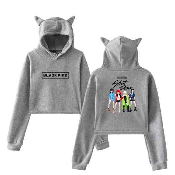 Soft gray hoodie and sweatpants set inspired by BLACKPINK, featuring playful character illustrations and bold branding, perfect for stylish, affordable, high-quality merchandise.