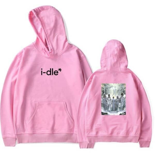 I-dle pink hoodie with printed design on back, casual streetwear, affordable high-quality merch.