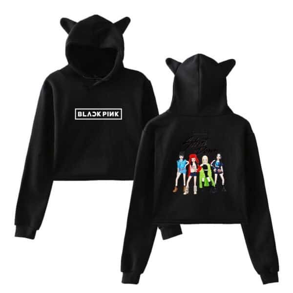 Black hoodie with cat ears and BLACKPINK graphic print, stylish and affordable high-quality merch.