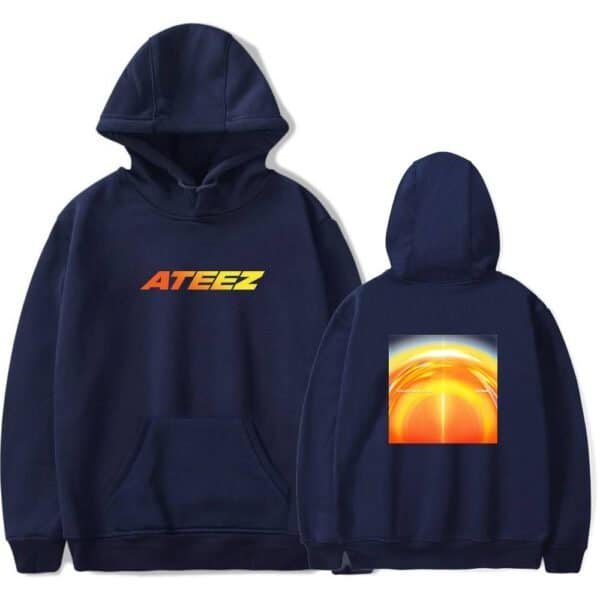 High quality navy hoodie featuring bold "ATEEZ" logo on the front and a vibrant, eye-catching graphic on the back, offering affordable merchandise for fans.