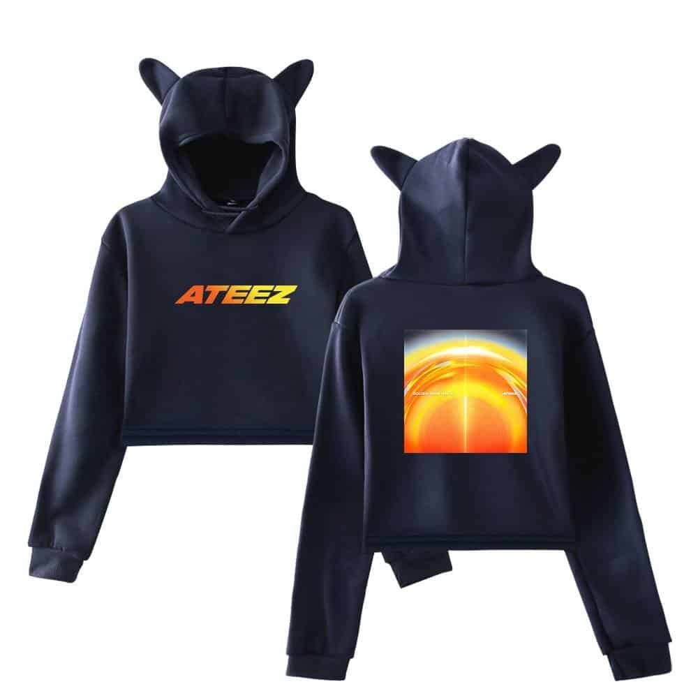 Ateez hoodies with cute animal ear details and vibrant graphic designs, perfect for fans seeking stylish and affordable high-quality merch.