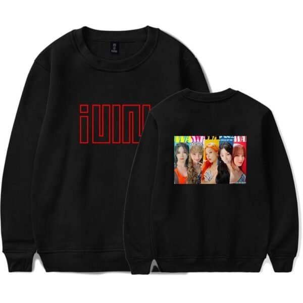 Jumbo, high-quality black sweatshirt with colorful girl band graphic on back and bold red logo on front.