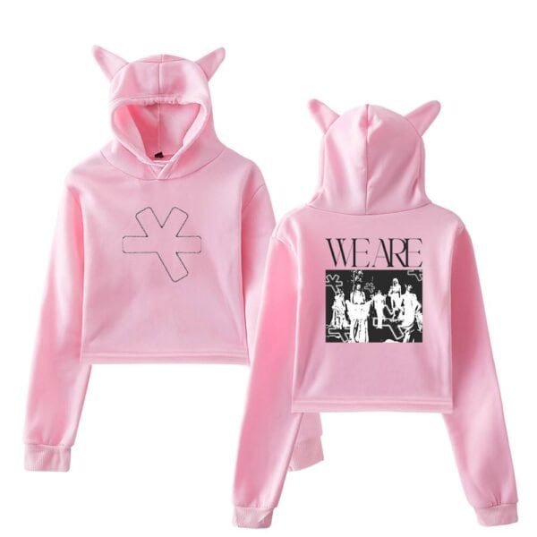 Soft pink hoodie and sweatpants with cute animal ear details, stylish streetwear for women and girls.