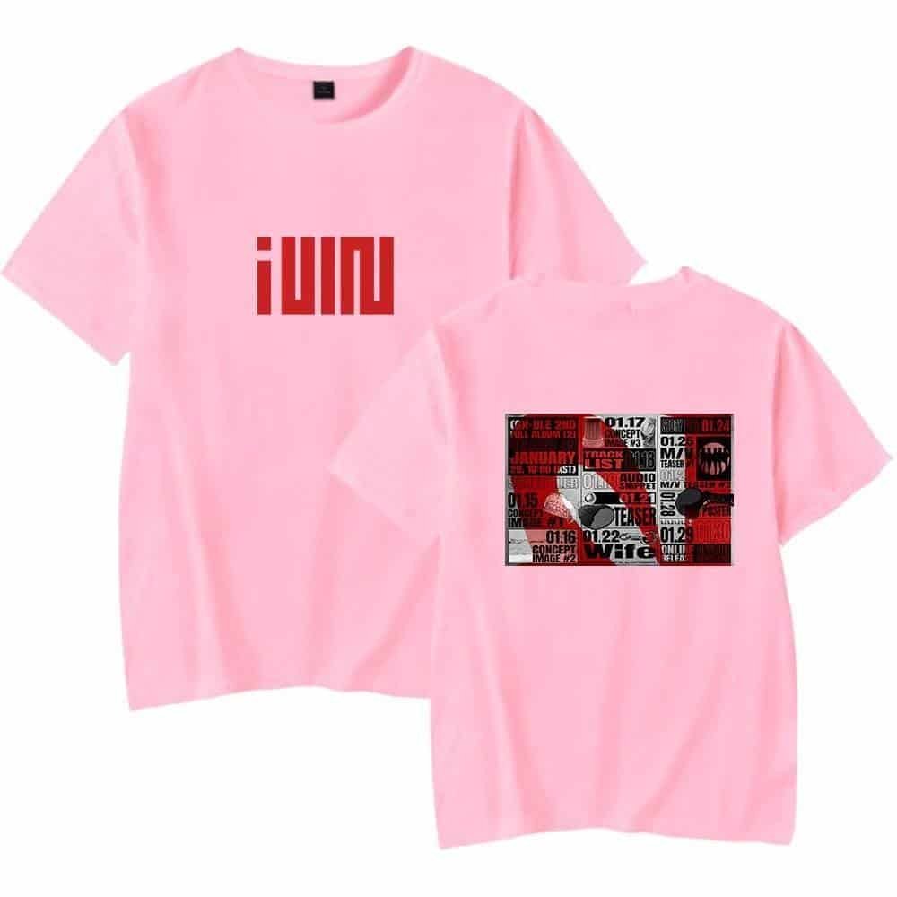Iunu pink graphic T-shirt with modern streetwear design, affordable and high quality merchandise for fashion enthusiasts.