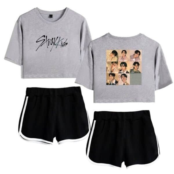 Official Stray Kids casual student merchandise set featuring comfortable grey crop tops with artistic prints and stylish black shorts with white accents, ideal for fans seeking affordable, high-quality apparel.