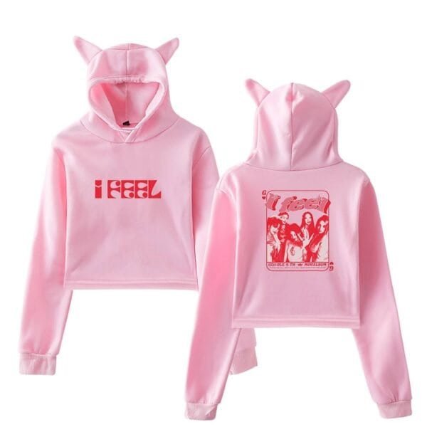 Comfy pink hoodie with cat ears, featuring bold "I FEEL" text on front and retro-style graphic on back, made of affordable, high-quality materials perfect for stylish casual wear, especially for fans of unique streetwear.