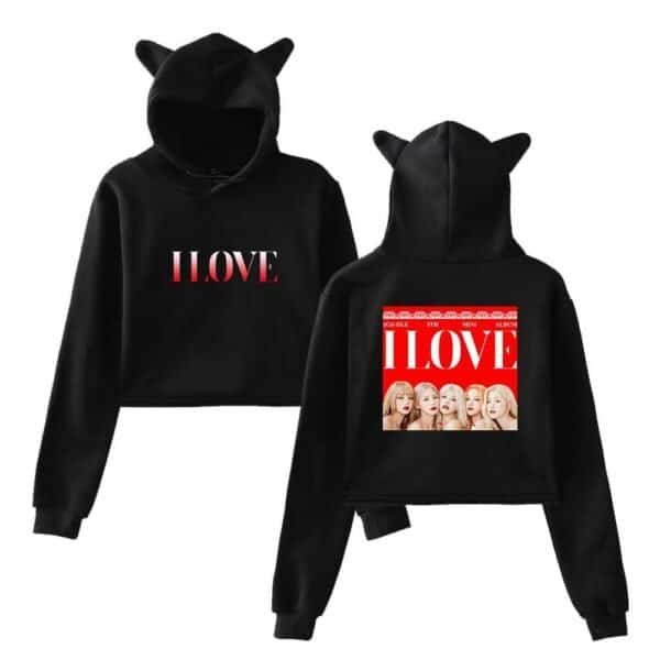 Black hoodie with "I LOVE" text and cat ear hood design, stylish and affordable high-quality merchandise.