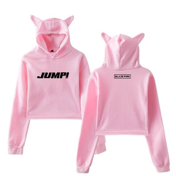 Jump pink hoodie and sweatpants set with a cute cat-ear hood, featuring bold "JUMP!" logo on the front and "BLACKPINK" on the back, made of high-quality soft material, affordable pricing.