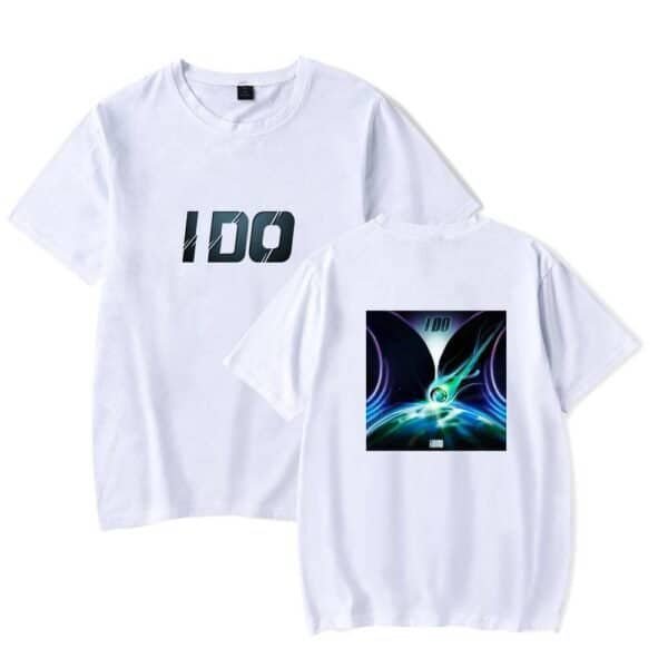 ID9 white t-shirt with bold graphic design and futuristic space-themed artwork, perfect for fans looking for affordable and high-quality merch options.
