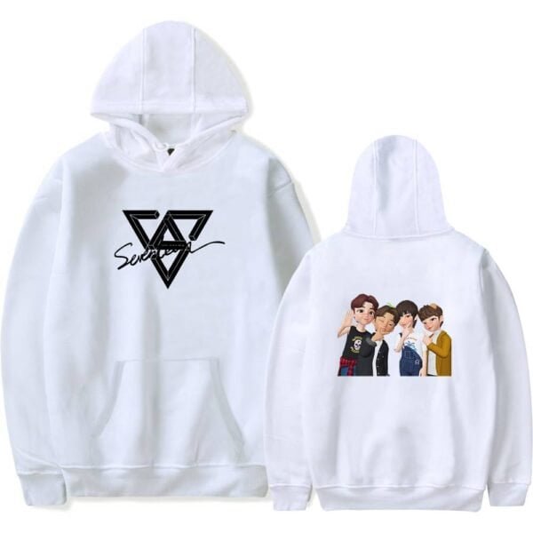 Affordable high-quality white hoodie featuring a stylish geometric "S" logo with "Super" text on the front and a playful animated group graphic on the back, perfect for fans.