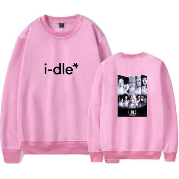 I-dle pink sweatshirt with band graphics and logo, trendy and affordable merch.