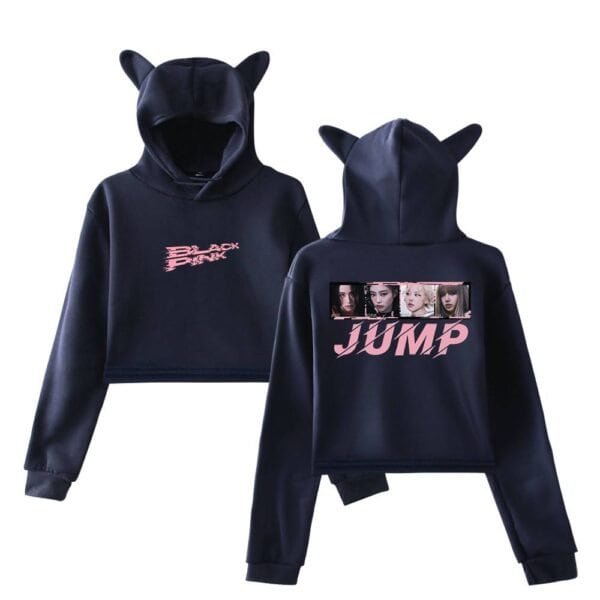 High quality black hoodies with cute ears, featuring bold pink graphic designs of K-pop group Jump, perfect for affordable stylish merch.
