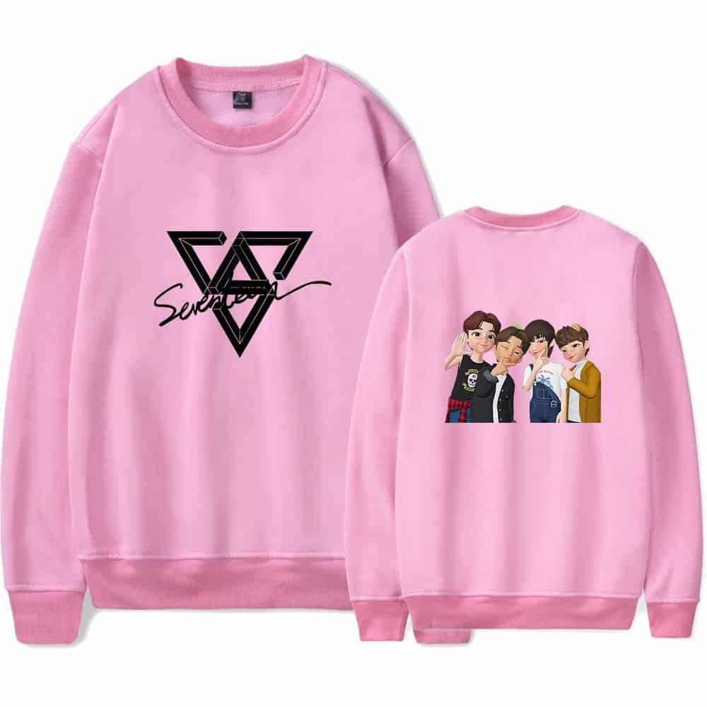 Cheap high quality merch pink sweatshirt with black logo and cartoon characters graphic print, stylish and affordable casual wear for fans and trendy shoppers.