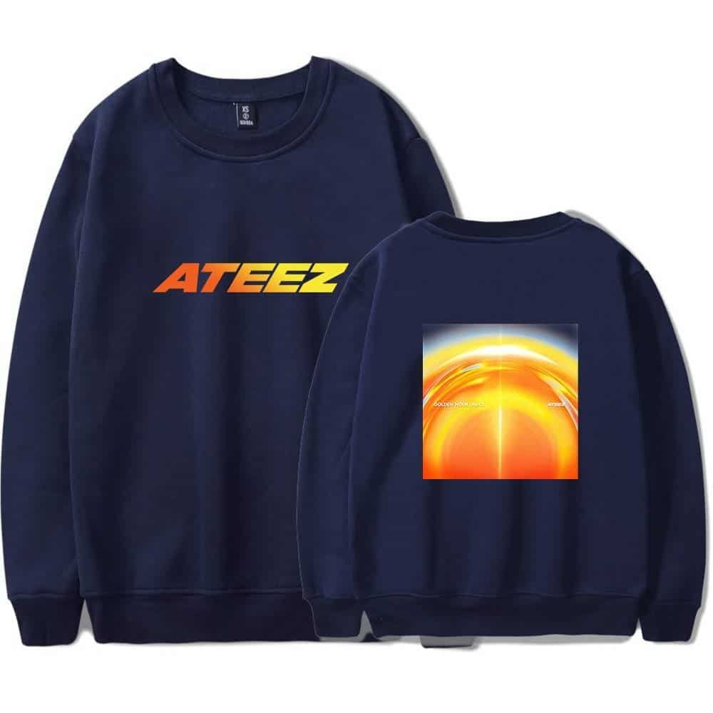 ATEEZ sweatshirt with bold front logo and vibrant sunset graphic on back, made of affordable high-quality material, perfect for trendy casual wear.
