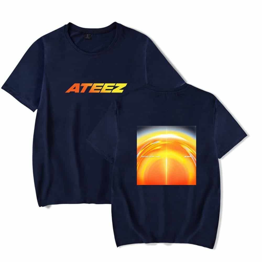 ATEEZ navy T-shirts with bold logo and graphic design, affordable high-quality merchandise for fans.