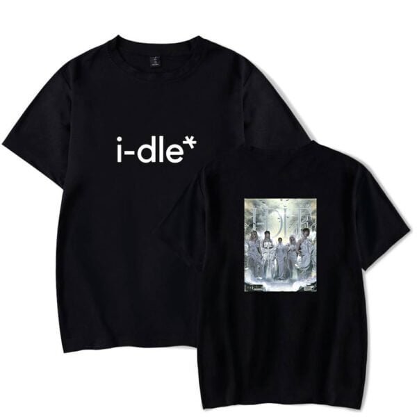I-dle t-shirt with group photo print, affordable high-quality merchandise for K-pop fans.