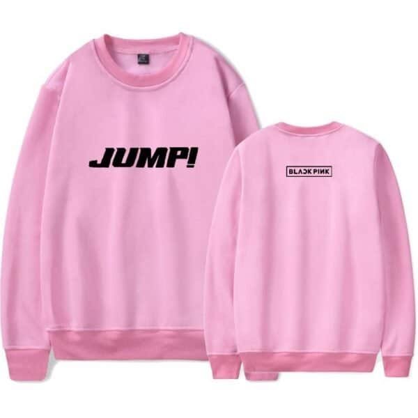Jumbo pink sweatshirt with "JUMP!" print front and BLACKPINK logo back.