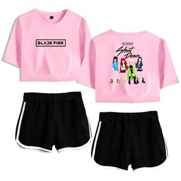 Pink BLACKPINK graphic crop top and cartoon girl shorts set, affordable high quality merch for fans. Perfect for casual wear or concerts, stylish and budget-friendly.