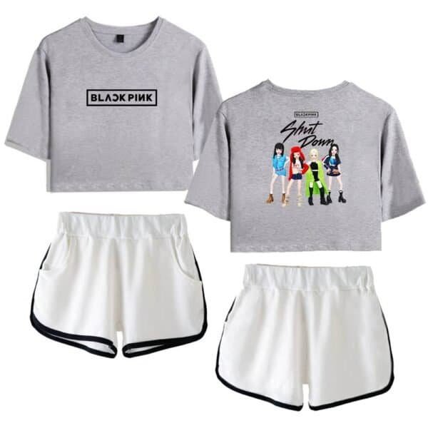Blackpink casual hoodie and shorts set with graphic print, affordable high-quality merchandise for fans, perfect for comfortable everyday wear or casual outings.