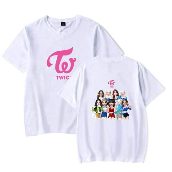 Bright white TWICE girl group merchandise t-shirts with affordable prices and high-quality print, featuring the TWICE logo and fun cartoon versions of the members, perfect for fans on a budget.